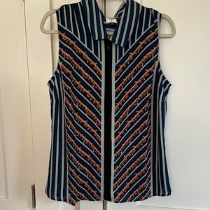 CAbi Navy and Orange Striped Floral Blouse